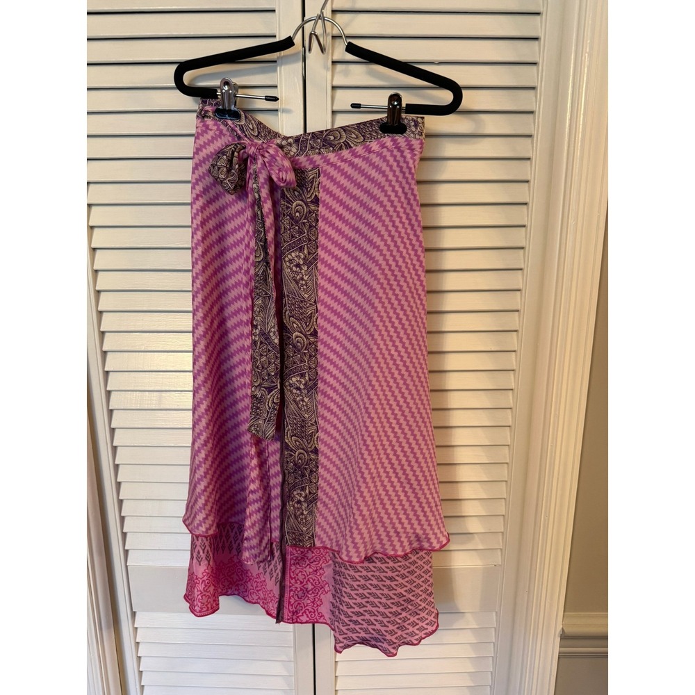 Iris Impressions Silk Blend Wrap Skirt Pink Purple Boho Zigzag Stripe Paisley M